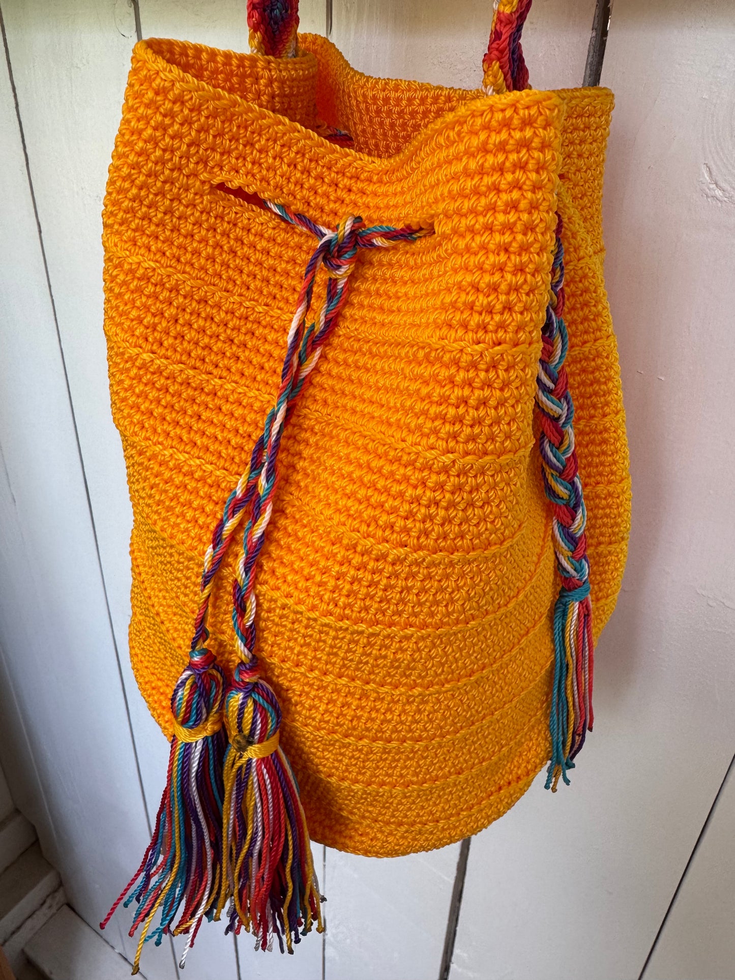 Mexican Handwoven Bucket Bag | Multi color Strap Tall Sunset Yellow