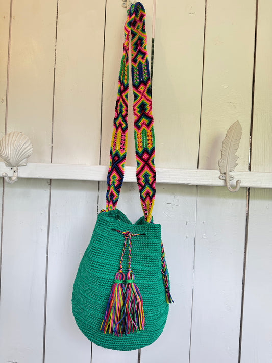 Mexican Handwoven Bucket Bag | Multi color Strap Tall Shamrock Green