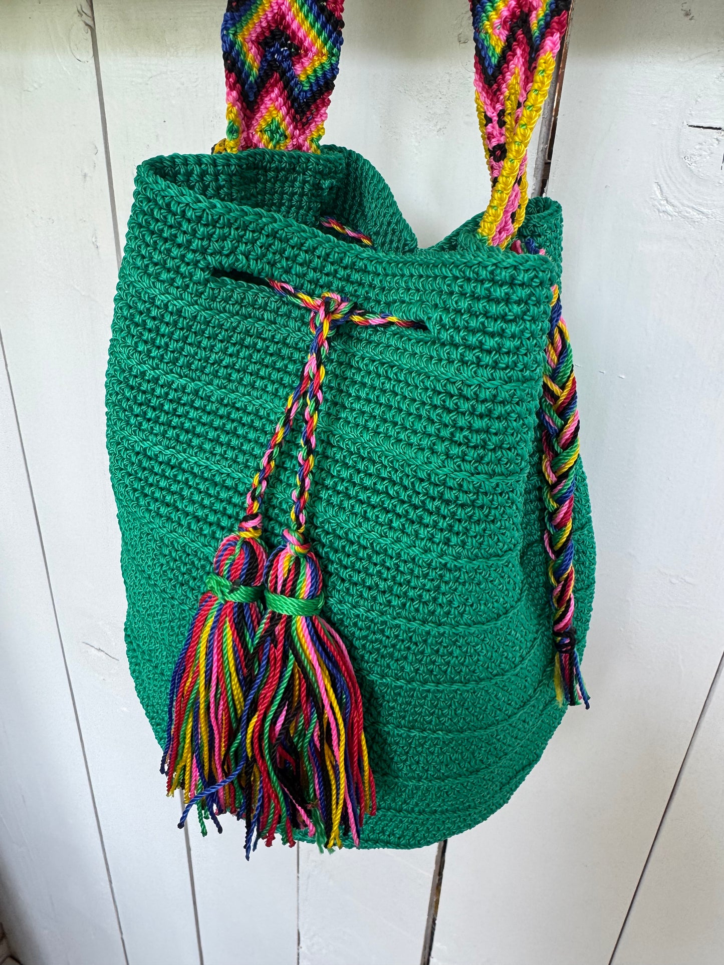 Mexican Handwoven Bucket Bag | Multi color Strap Tall Shamrock Green
