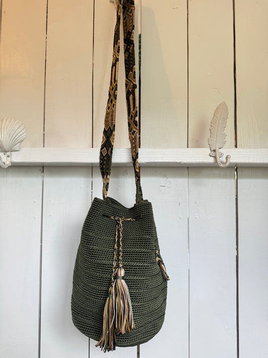 Mexican Handwoven Bucket Bag | Multi color Strap Tall Olive Green