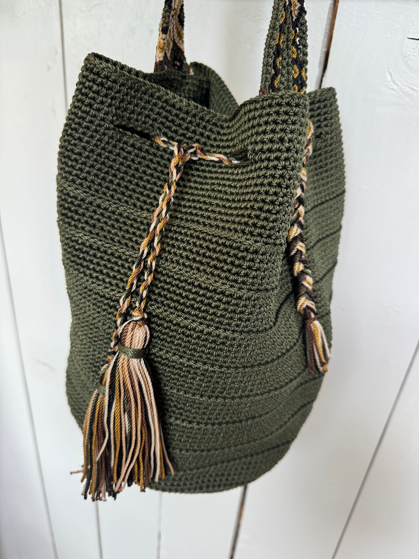 Mexican Handwoven Bucket Bag | Multi color Strap Tall Olive Green