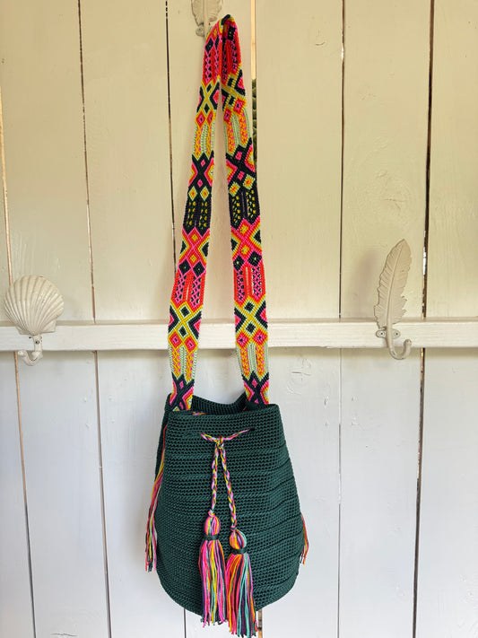 Mexican Handwoven Bucket Bag | Multi color Strap Tall Dark Teal Green