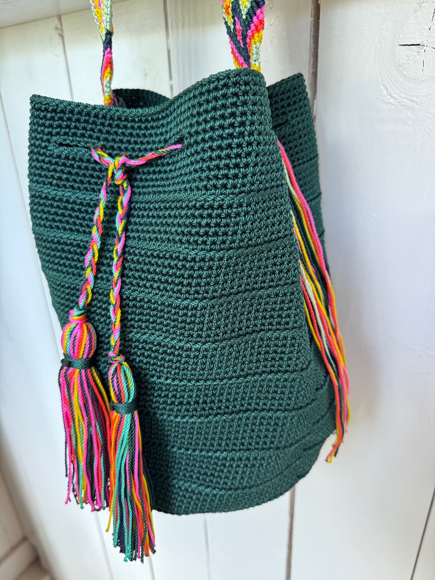 Mexican Handwoven Bucket Bag | Multi color Strap Tall Dark Teal Green