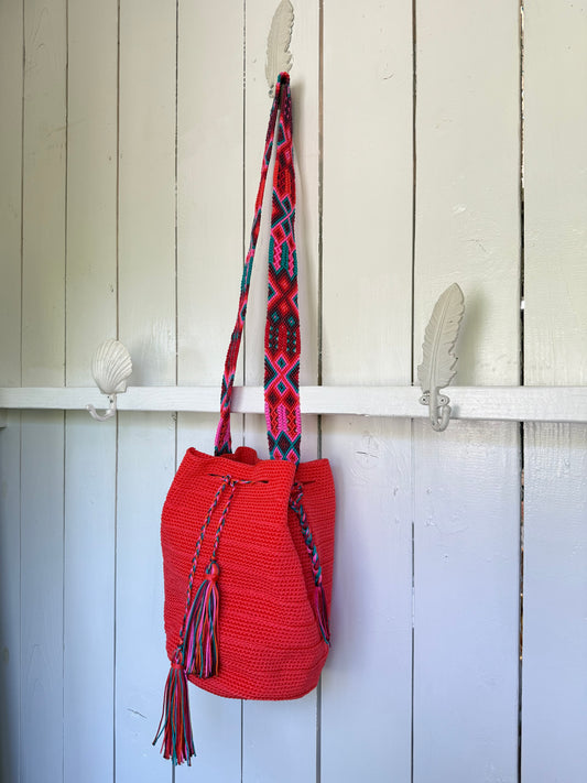 Mexican Handwoven Bucket Bag | Multi color Strap Tall Neon Orange
