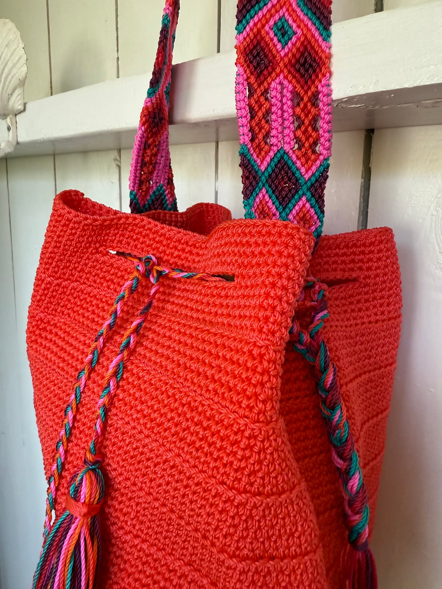 Mexican Handwoven Bucket Bag | Multi color Strap Tall Neon Orange