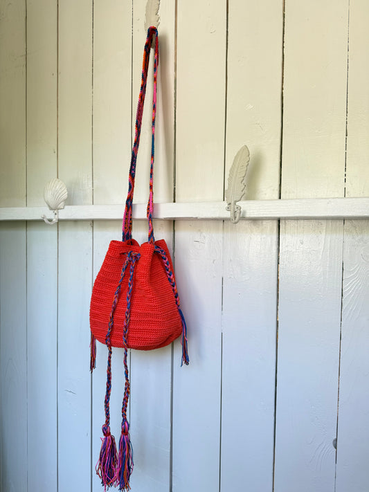 Mexican Handwoven Bucket Bag | Multi color Strap Medium Neon Orange