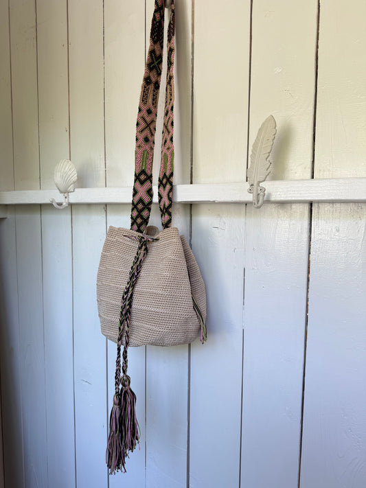 Mexican Handwoven Bucket Bag | Multi color Strap Medium Sand