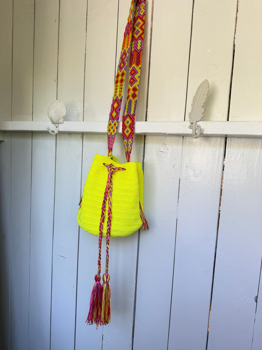 Mexican Handwoven Bucket Bag | Multi color Strap Medium Neon Yellow