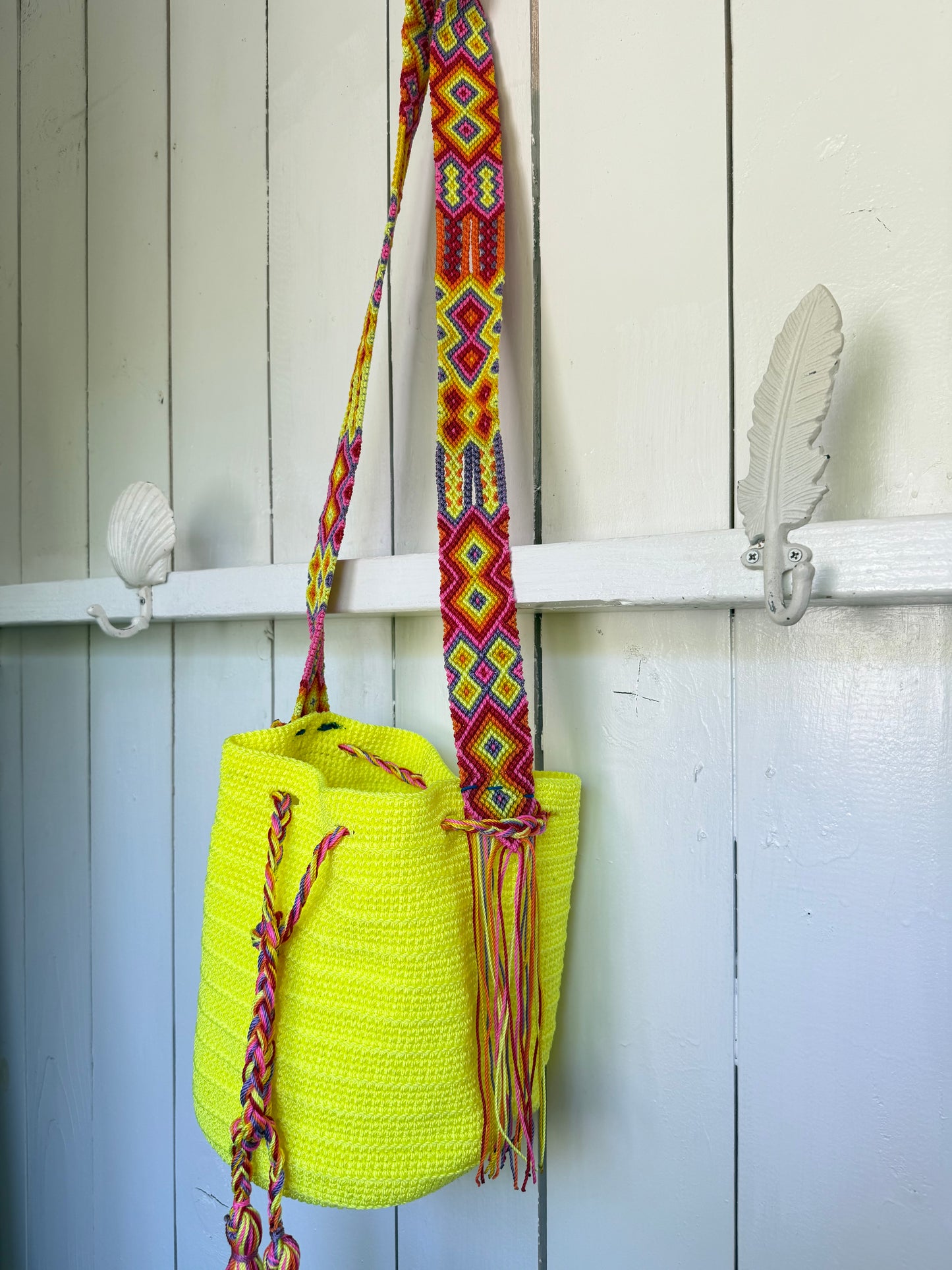 Mexican Handwoven Bucket Bag | Multi color Strap Medium Neon Yellow