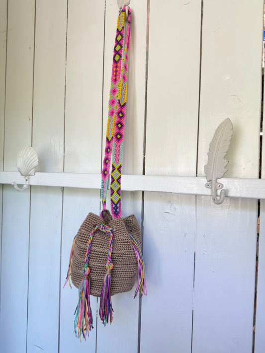 Mexican Handwoven Bucket Bag | Multi color Strap Small Khaki