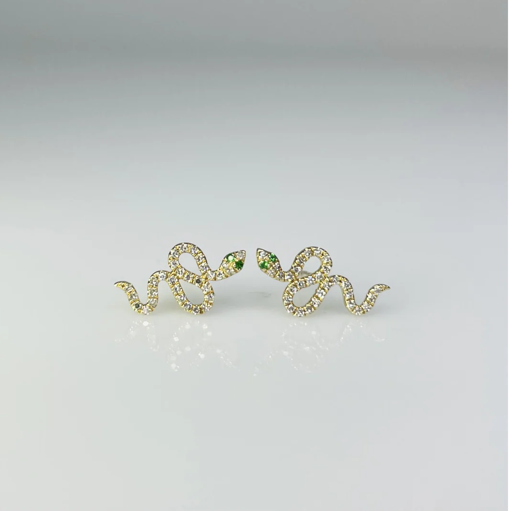 14k Yellow Gold Diamond and Tsavorite Snake Studs