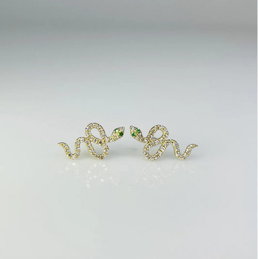 14k Yellow Gold Diamond and Tsavorite Snake Studs